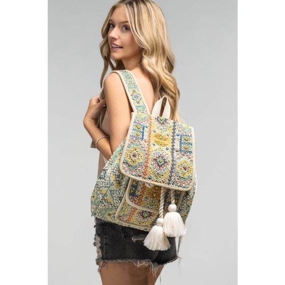 Monet Handmade Embroidered Large Boho Backpack with Tassels New with Tags - Picture 1 of 11